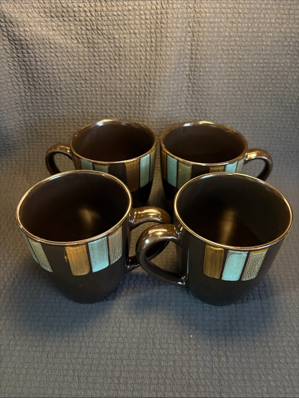 Pfaltzgraff Carmen Mugs with Turquoise and Gold Accent Stripe - Set of 4